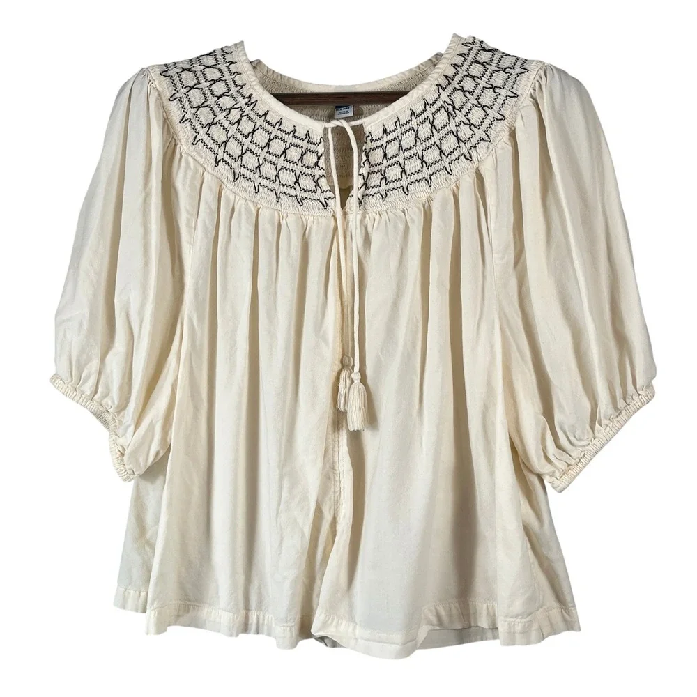 Old Navy Smocked Yoke Top XL Cream Black Puff Sleeve Peasant Boho Blouse Tie